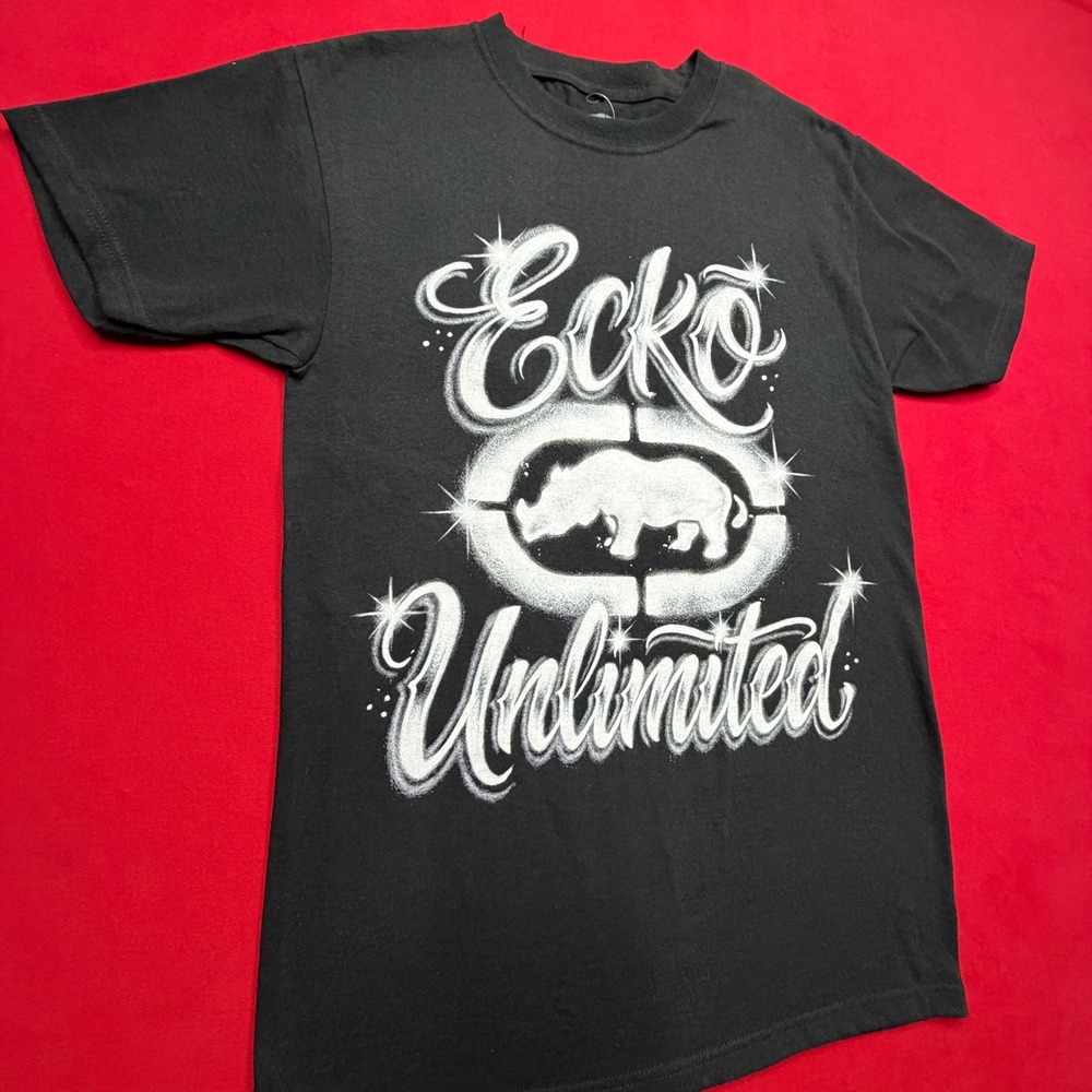 NWT Y2K STYLE Ecko Unltd Men Black Graphic T-Shirt Y2K Airbrush Rhino Logo Small
